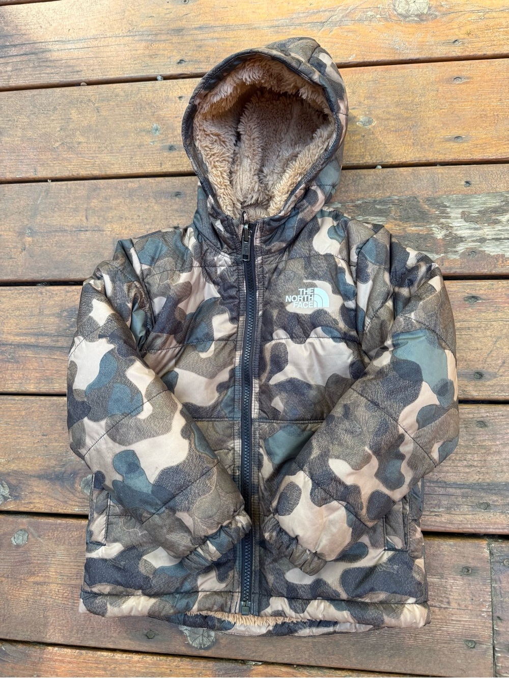 The North Face Kids Hooded Camo Puffer in Brown and Green